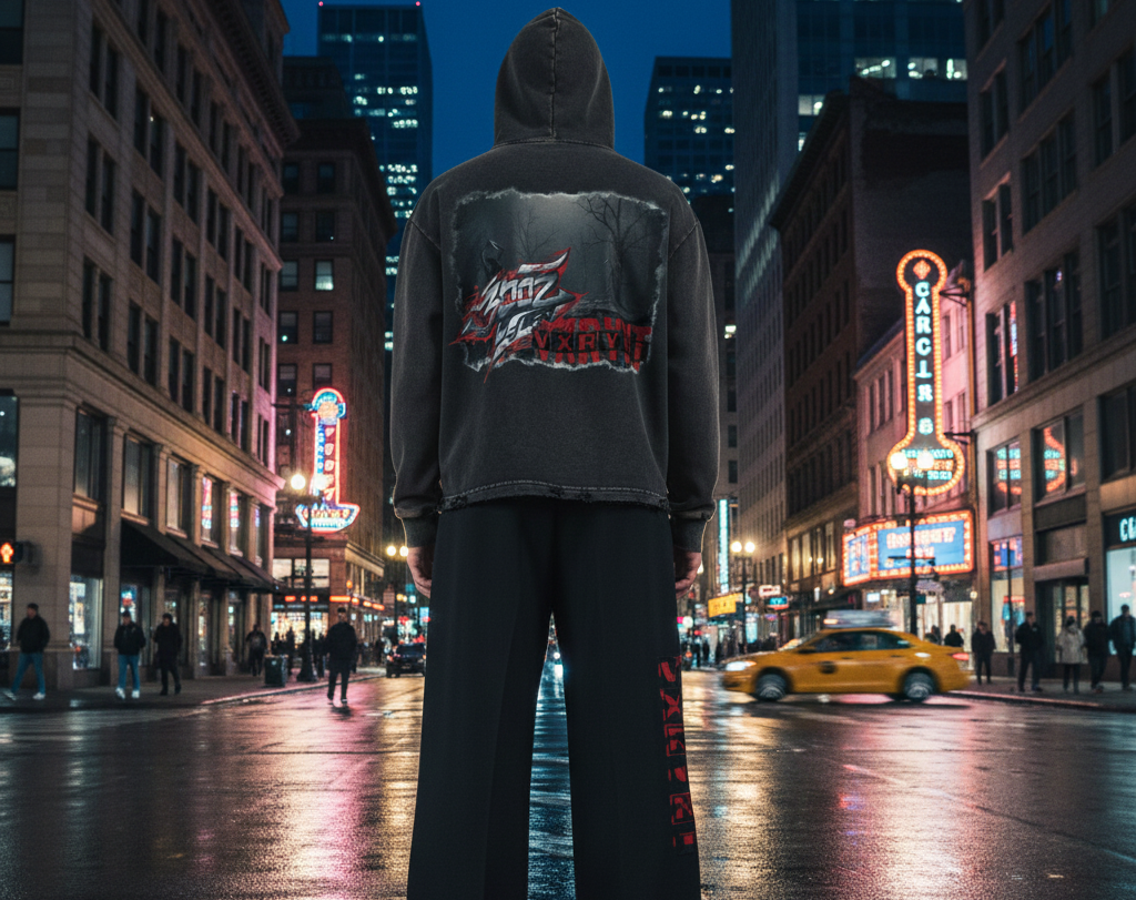 Person wearing a hoodie with text on the back in a city street at night.